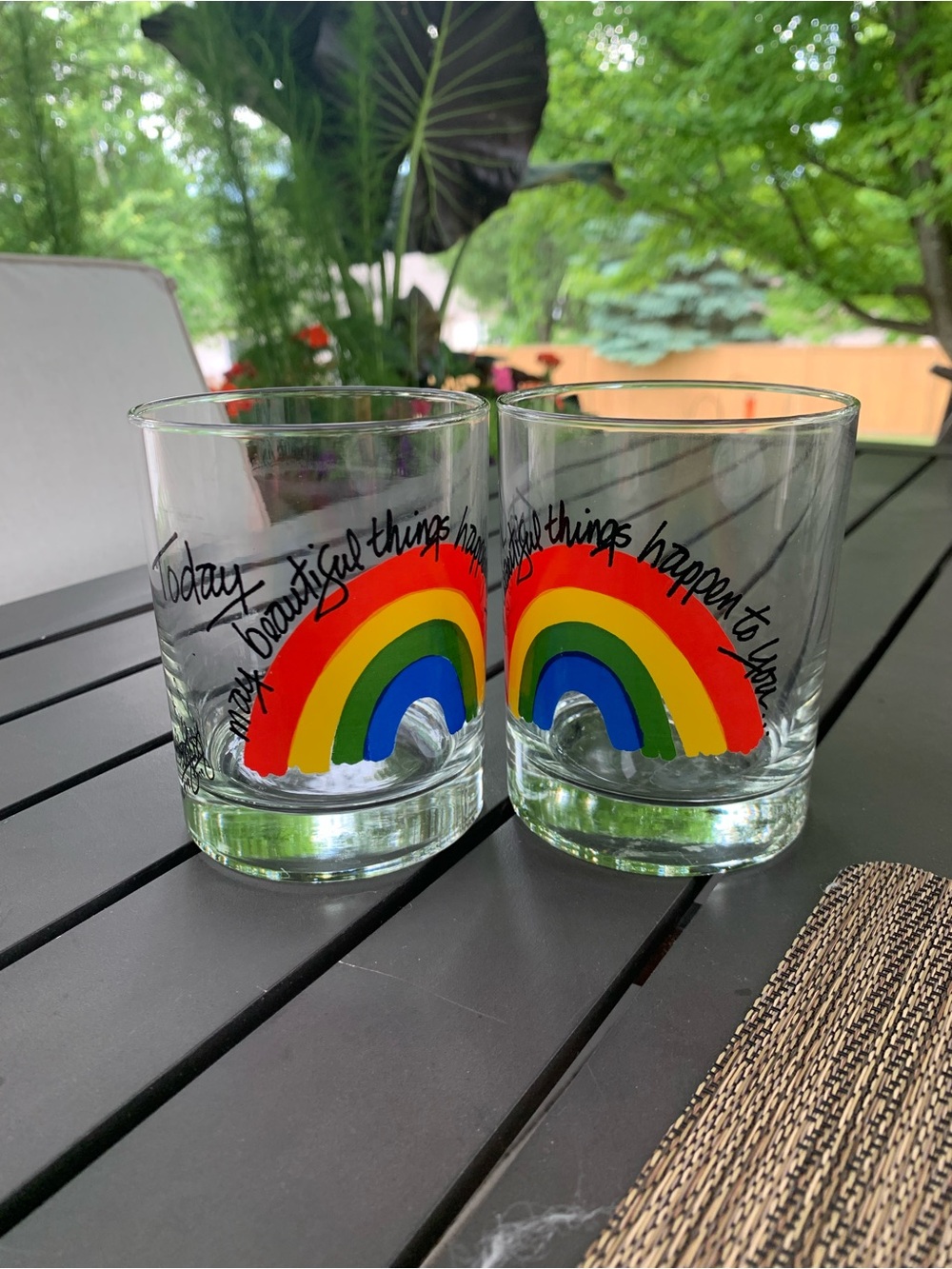 Vintage 1979 Pair of  Bancroft Rainbow Graphic Glass Tumblers
